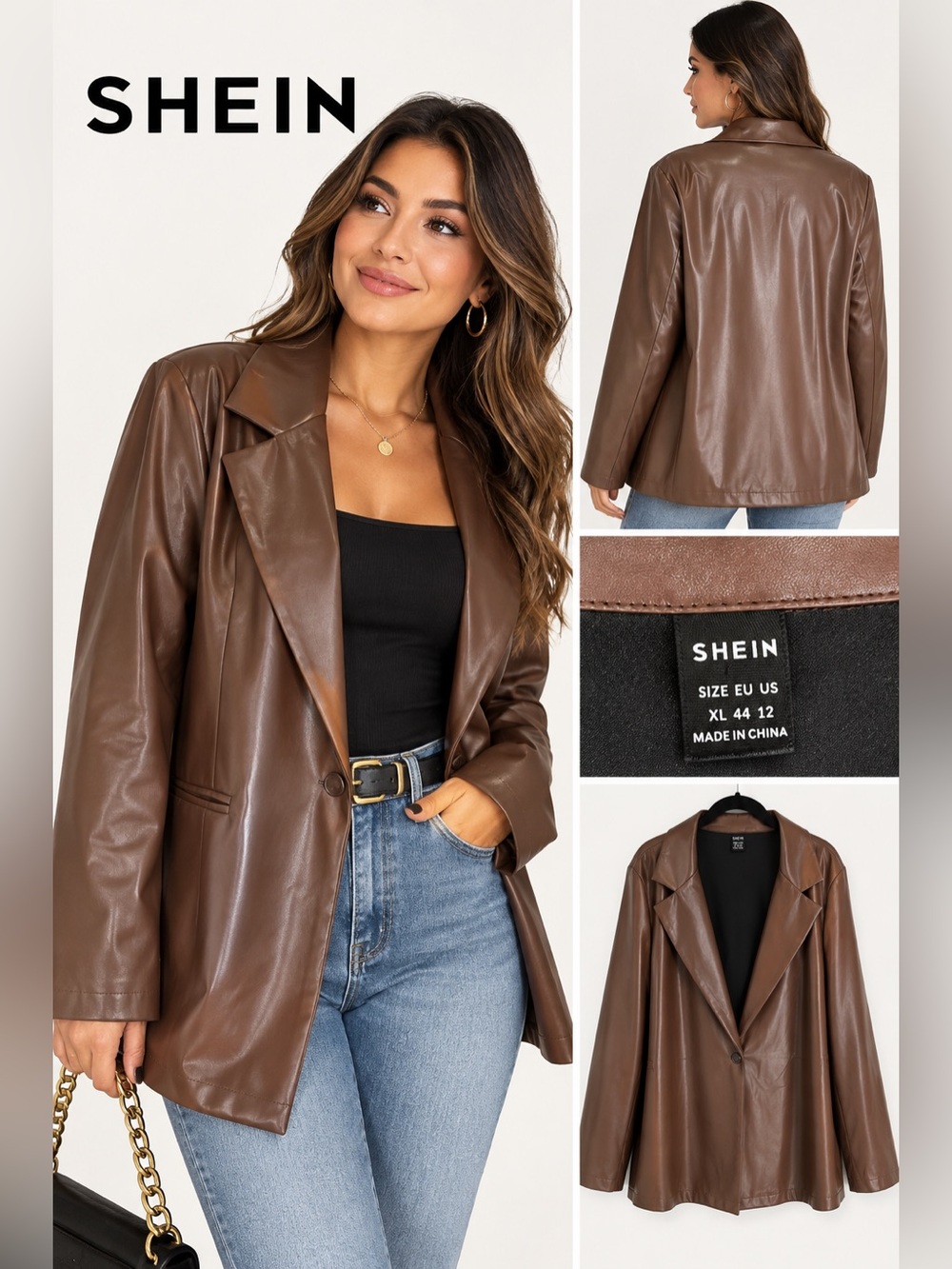 SHEIN Brown Faux Leather Single-Button Blazer Size XL